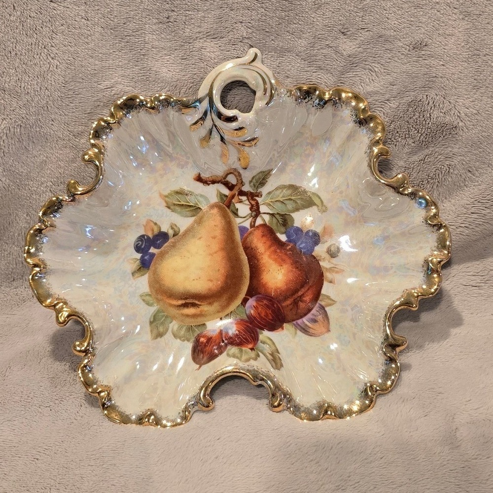 Vintage Ucagco Iridescent Lusterware Porcelain Fruit Bowl Gold Trim Pear Dish